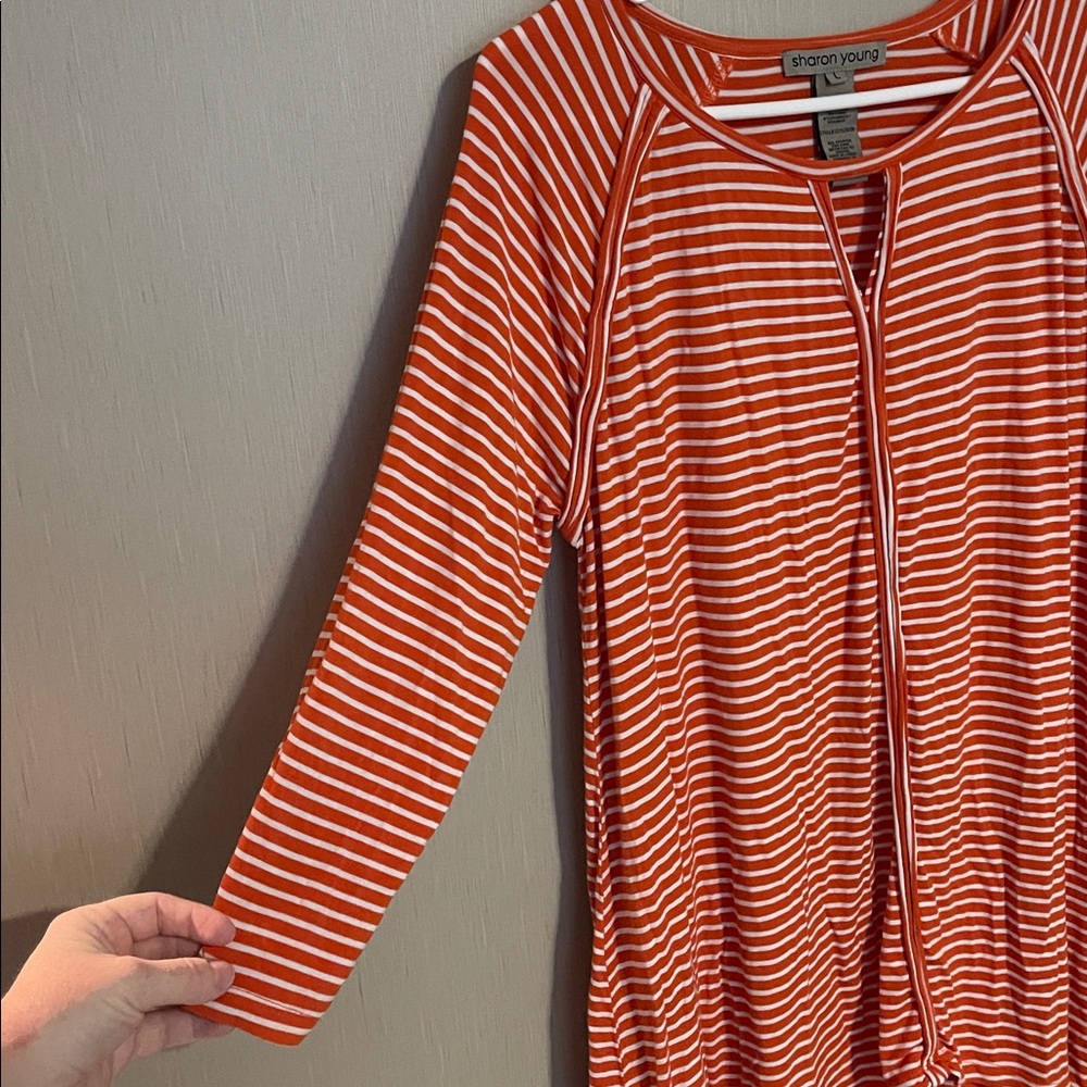 Sharon young large orange white striped shark bite top tunic keyhole v neck - Picture 2 of 4